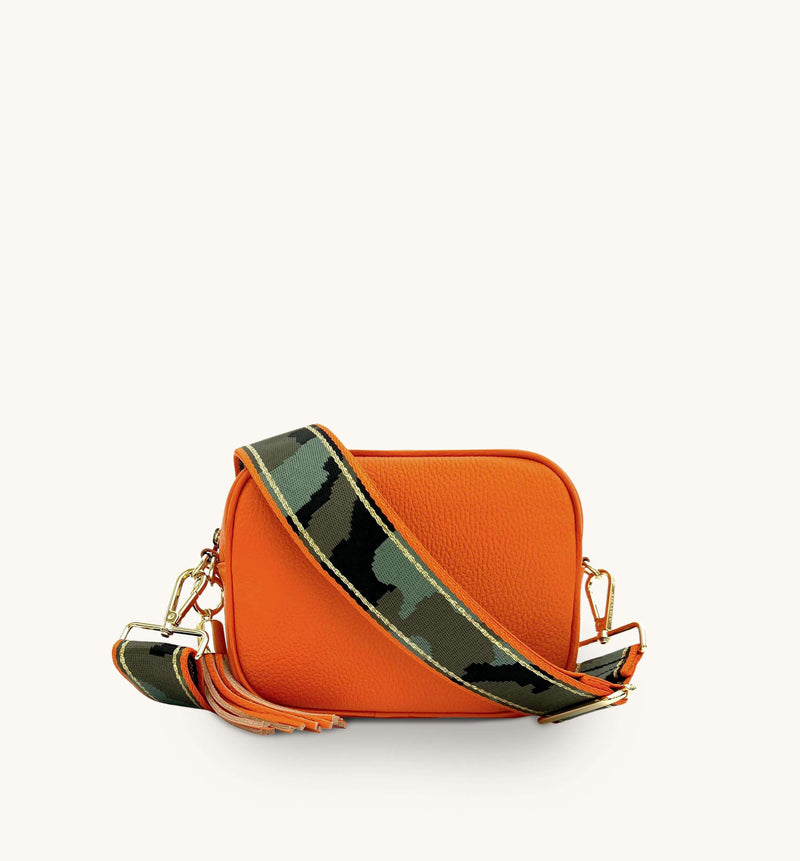 Apatchy Orange Leather Crossbody Bag With Orange & Gold Stripe Camo Strap