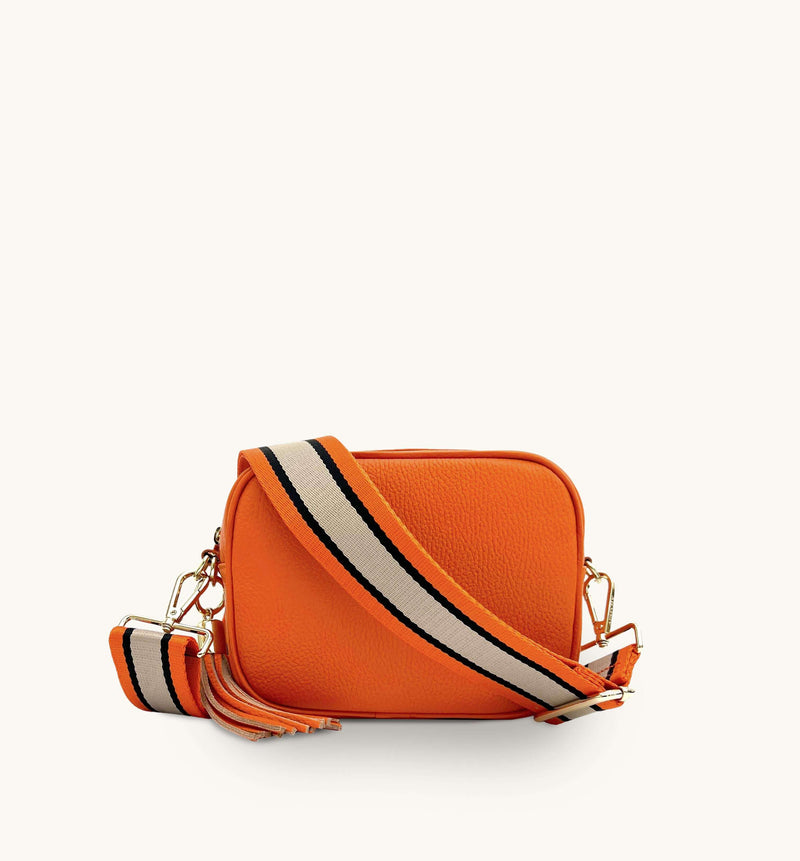 Apatchy Orange Leather Crossbody Bag With Orange, Tan & Black Stripe Strap