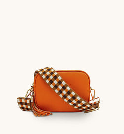 Orange Leather Crossbody Bag With Orange & Tan Check Strap