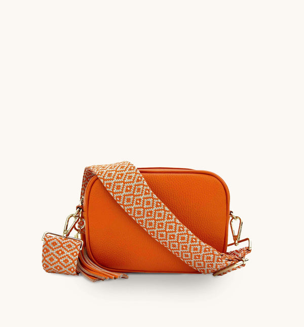 Apatchy Orange Leather Crossbody Bag With Orange Cross-Stitch Strap