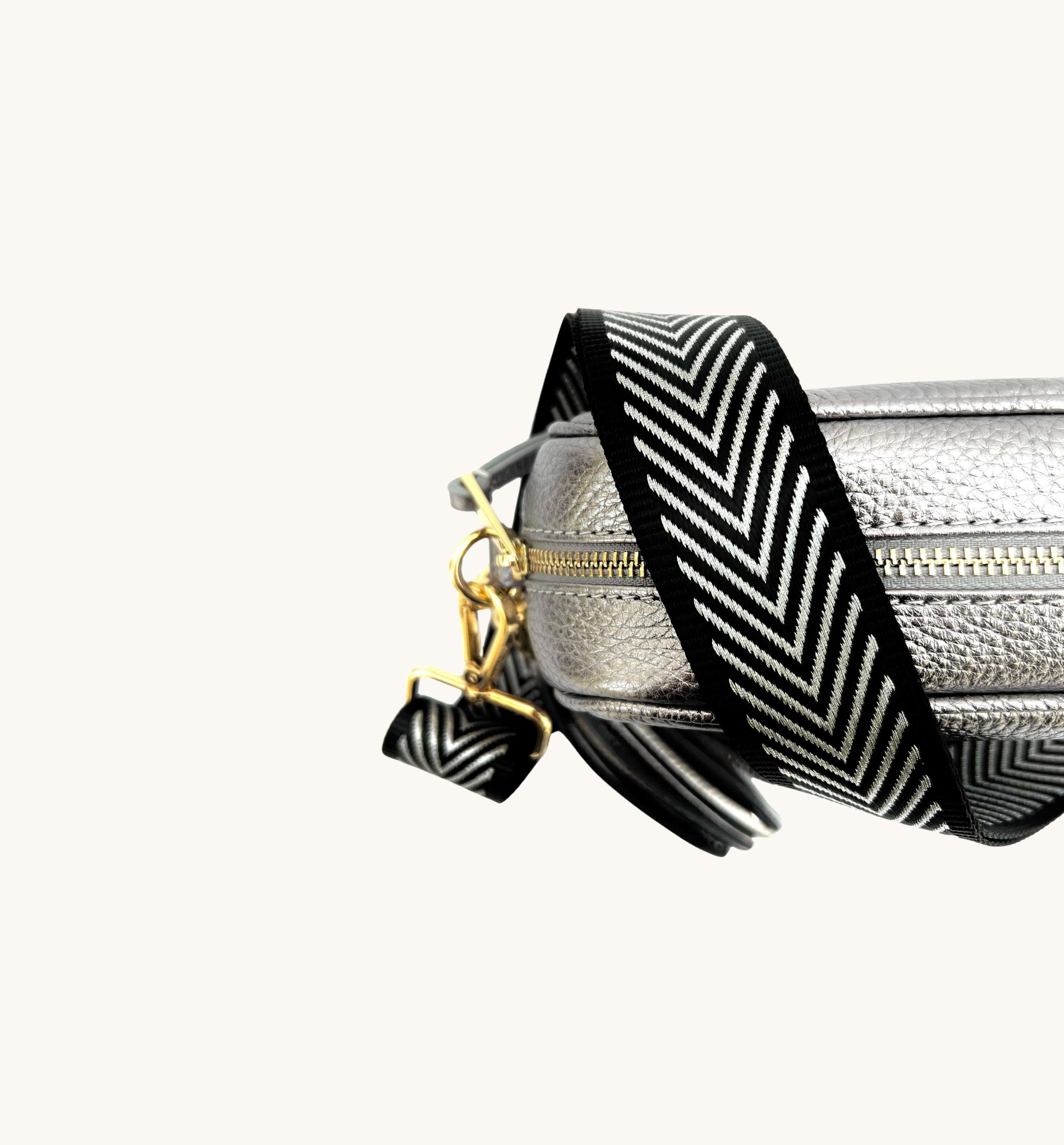 The Tassel Pewter Leather Crossbody Bag With Black & Silver Chevron Strap