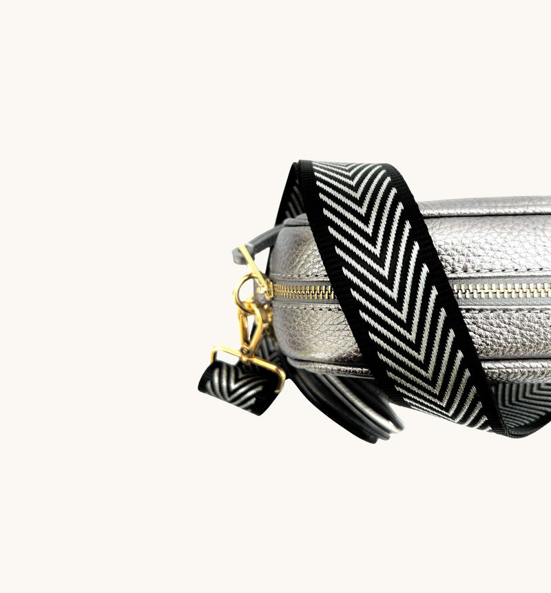 Pewter Leather Crossbody Bag With Black & Silver Chevron Strap