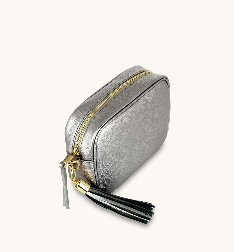 Pewter Leather Crossbody Bag With Midnight Zigzag Strap