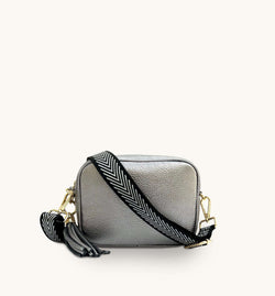 The Tassel Pewter Leather Crossbody Bag With Black & Silver Chevron Strap