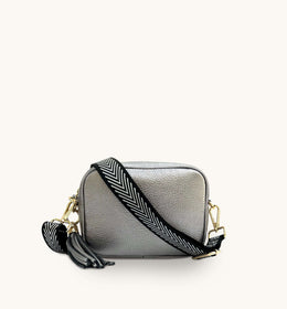 Apatchy Pewter Leather Crossbody Bag With Black & Silver Chevron Strap