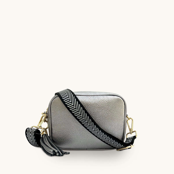 Personalised Leather Crossbody Bag – Black/Silver Chevron