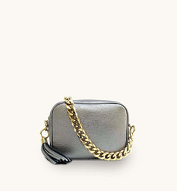 The Tassel Pewter Leather Crossbody Bag With Gold Chain Strap