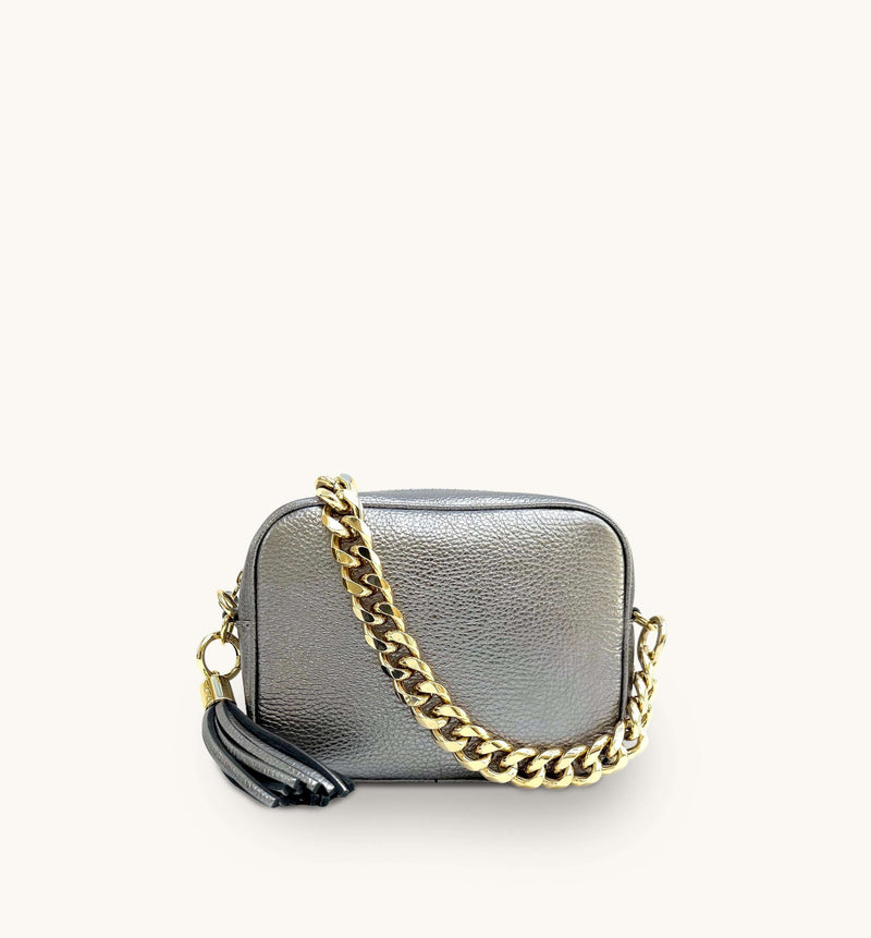 Apatchy Pewter Leather Crossbody Bag With Gold Chain Strap