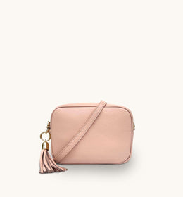 Pale Pink Leather Crossbody Bag With Gold Chain Strap