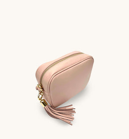 Pale Pink Leather Crossbody Bag With Pale Pink Leopard Strap