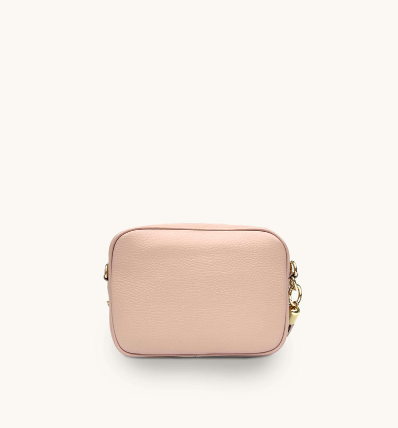 Pale Pink Leather Crossbody Bag With Pale Pink Leopard Strap