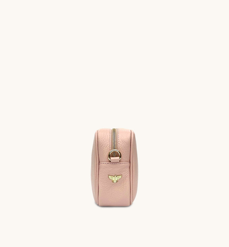 Pale Pink Leather Crossbody Bag With Gold Chain Strap