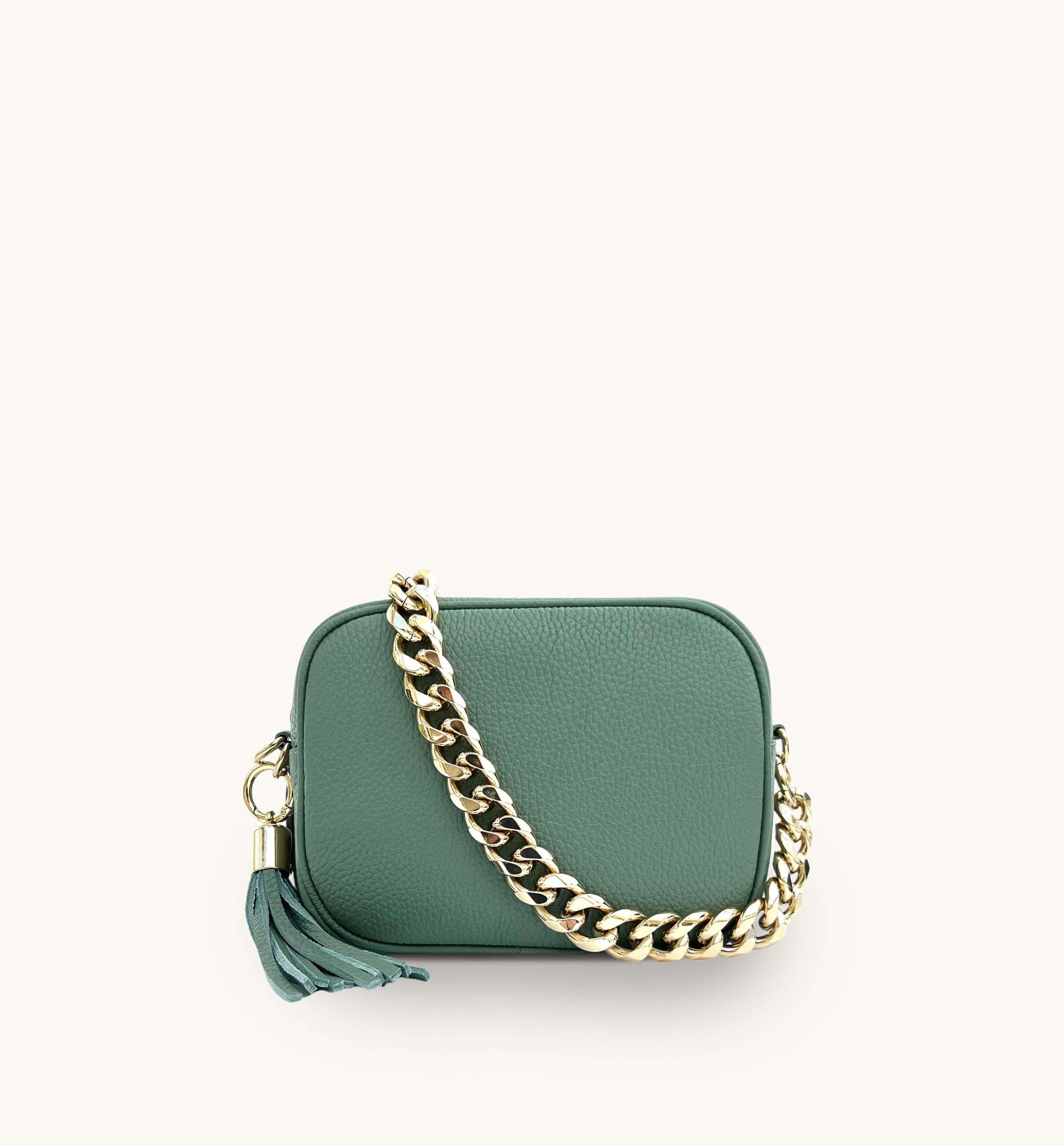 The Tassel Pistachio Leather Crossbody Bag With Gold Chain Strap