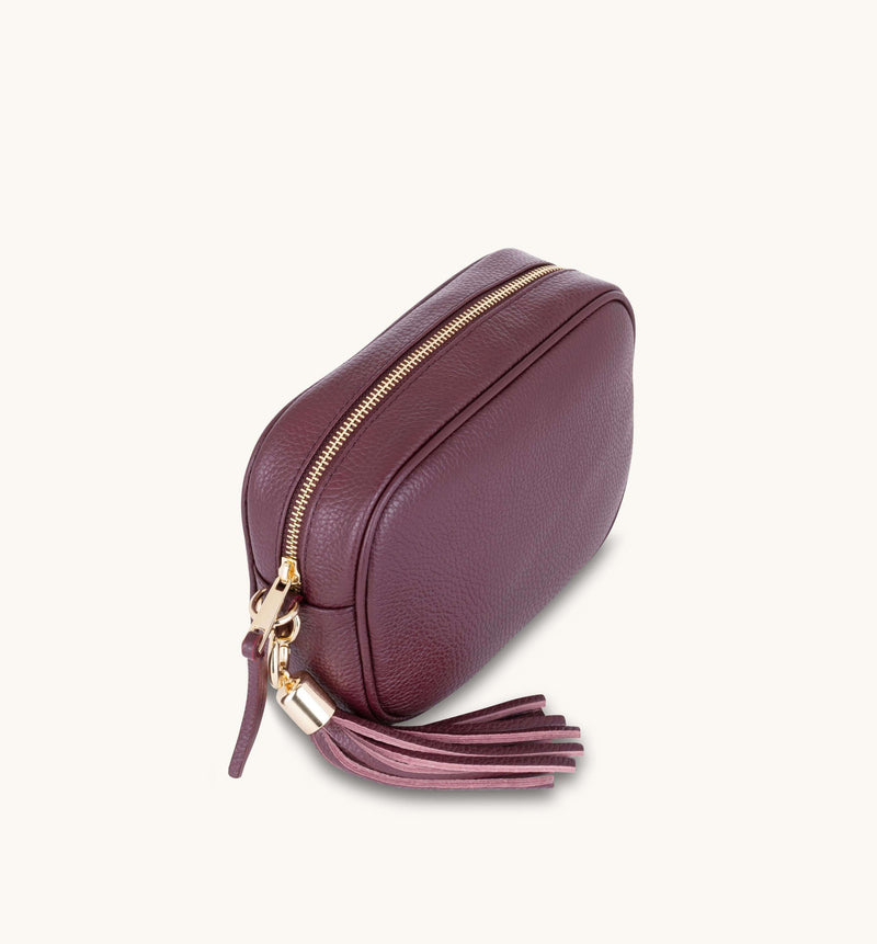 Plum Leather Crossbody Bag With Plum Chevron Strap