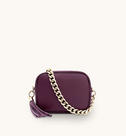 Apatchy Plum Leather Crossbody Bag With Gold Chain Strap