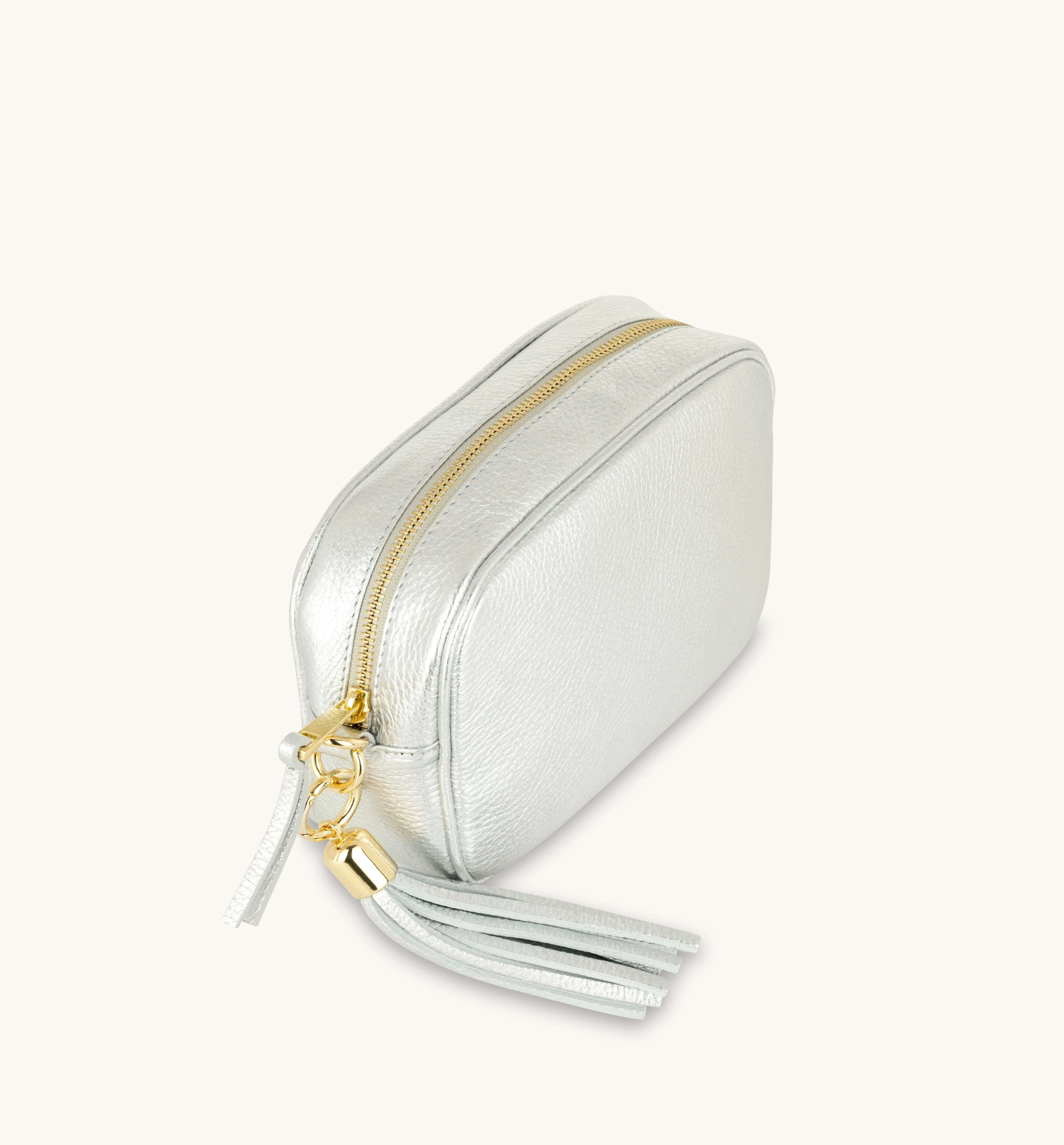 The Tassel Silver Leather Crossbody Bag With Gold Chain Strap