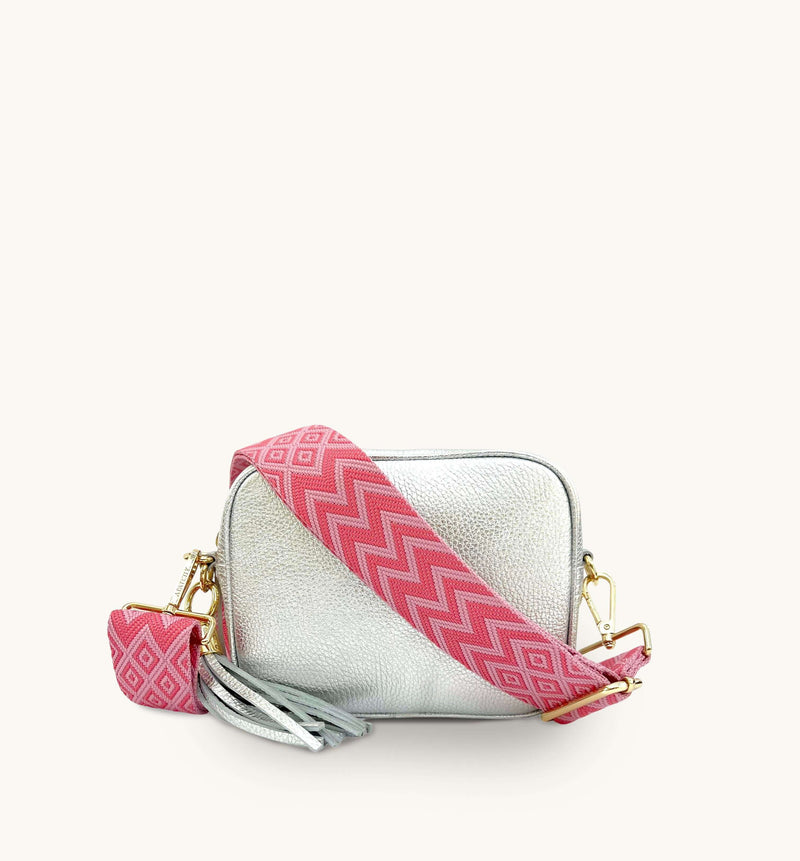 Apatchy Silver Leather Crossbody Bag With Candy Floss Strap
