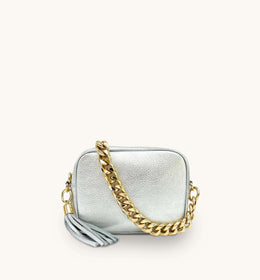 Apatchy Silver Leather Crossbody Bag With Gold Chain Strap