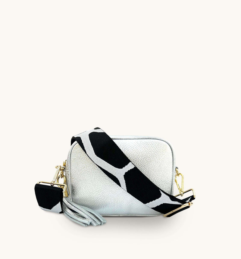 Apatchy Silver Leather Crossbody Bag With Black & White Giraffe Strap