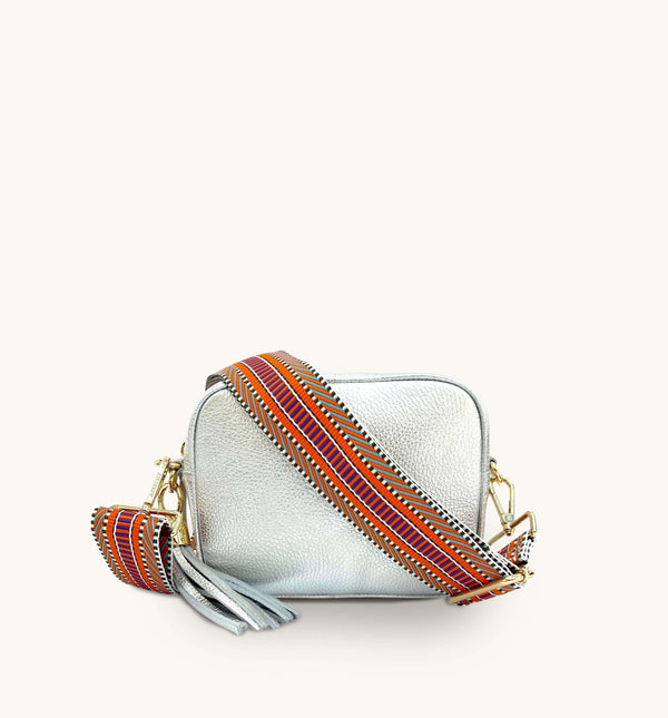 Apatchy Silver Leather Crossbody Bag With Orange Boho Strap