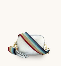 The Tassel Silver Leather Crossbody Bag With Rainbow Strap
