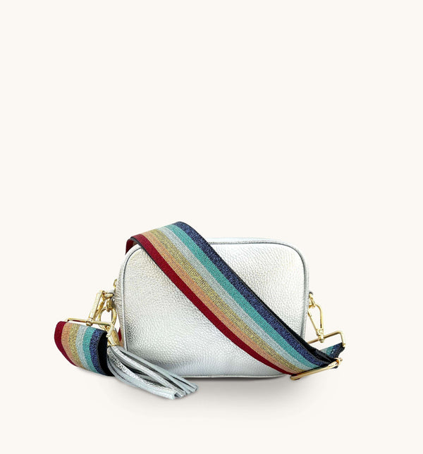 Apatchy Silver Leather Crossbody Bag With Rainbow Strap