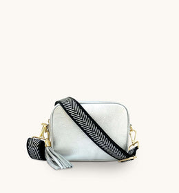 Apatchy Silver Leather Crossbody Bag With Black & Silver Chevron Strap