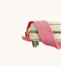 Stone Leather Crossbody Bag With Neon Pink Cross-Stitch Strap