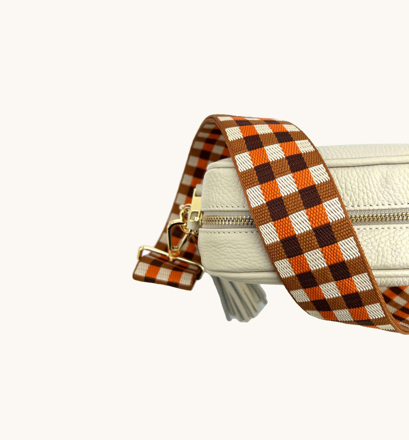 Stone Leather Crossbody Bag With Orange & Tan Check Strap