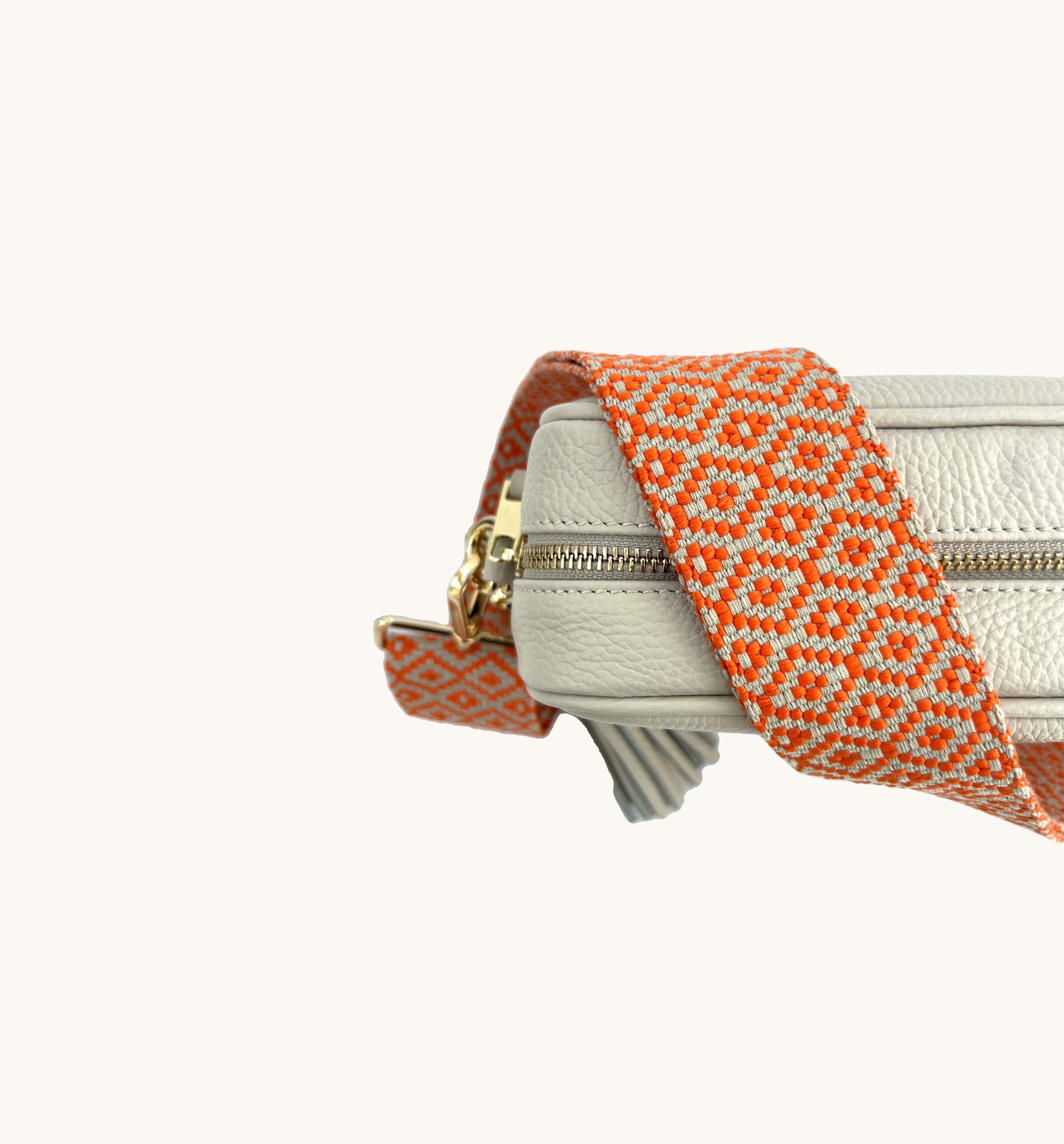 Stone Leather Crossbody Bag With Orange Cross-Stitch Strap