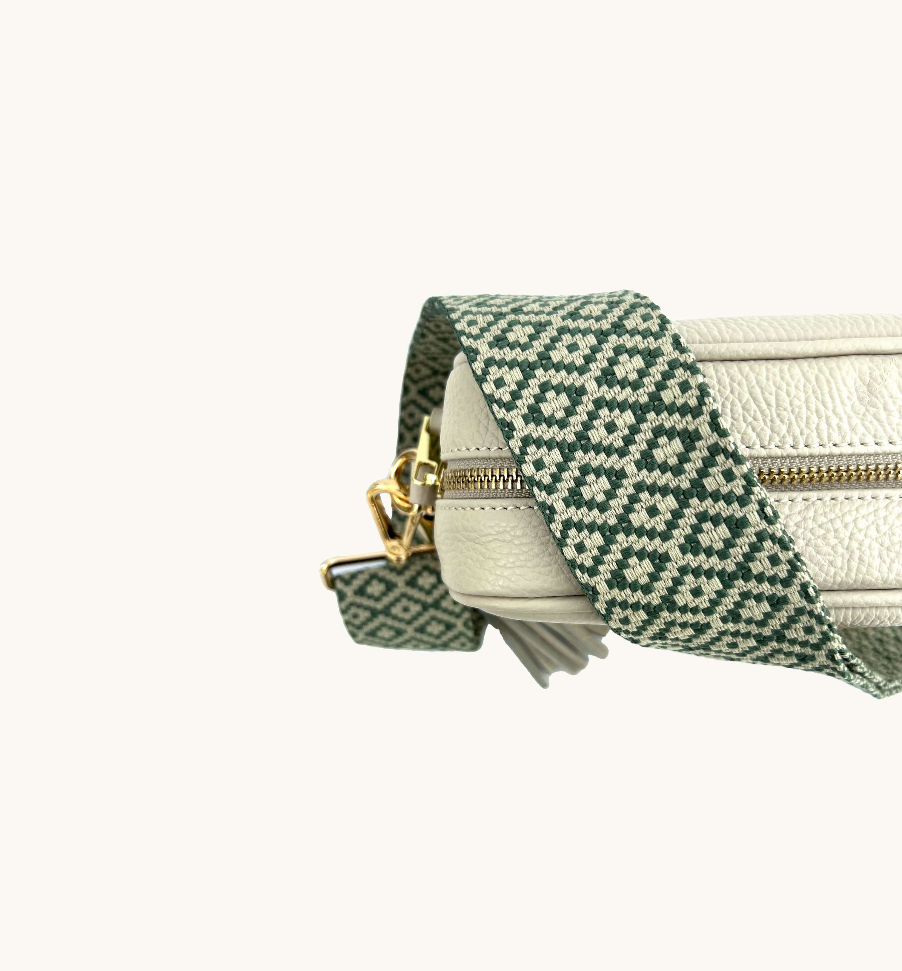 The Tassel Stone Leather Crossbody Bag With Pistachio Cross-Stitch Strap