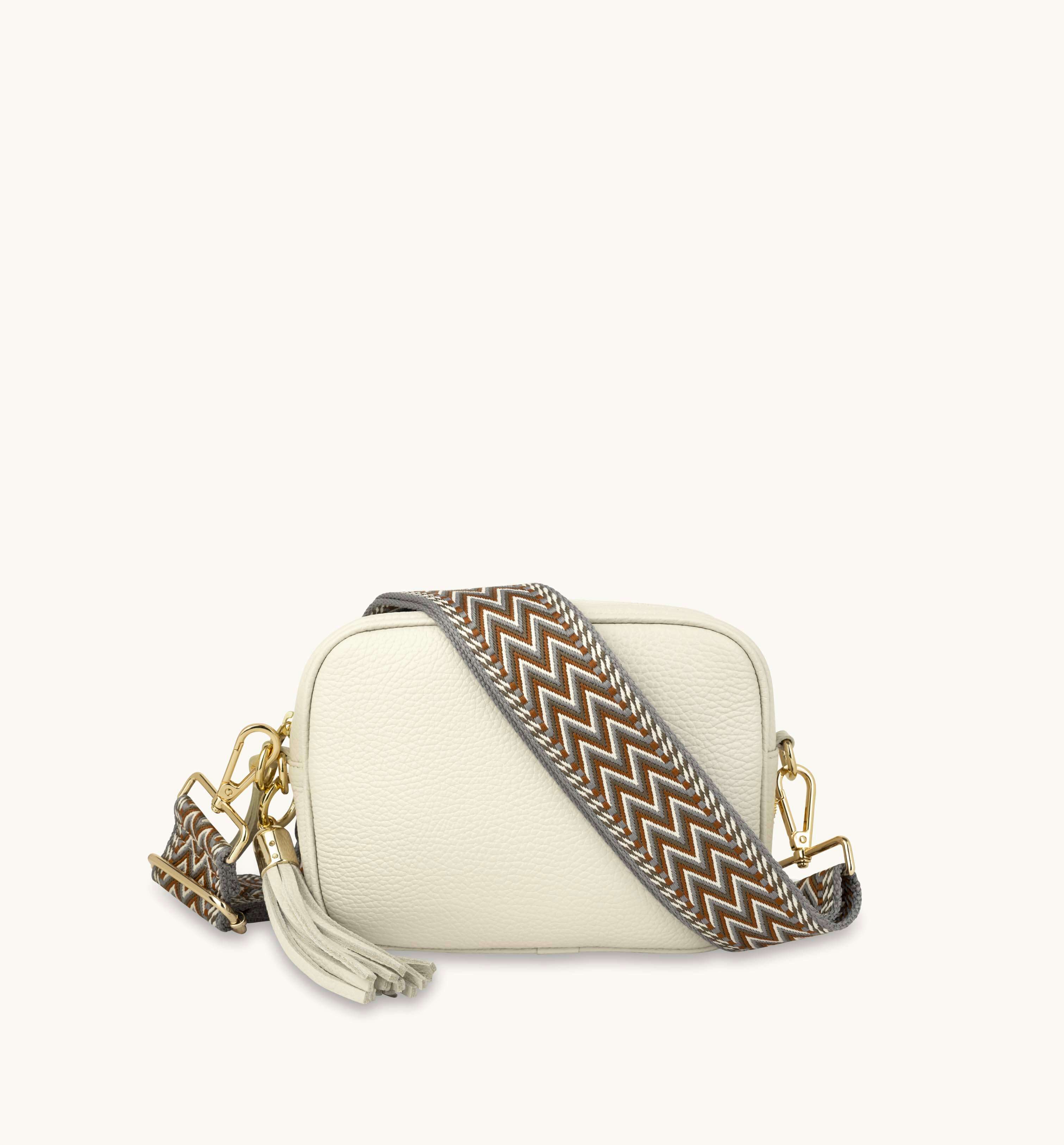 The Tassel Stone Leather Crossbody Bag With Tan Boho Strap