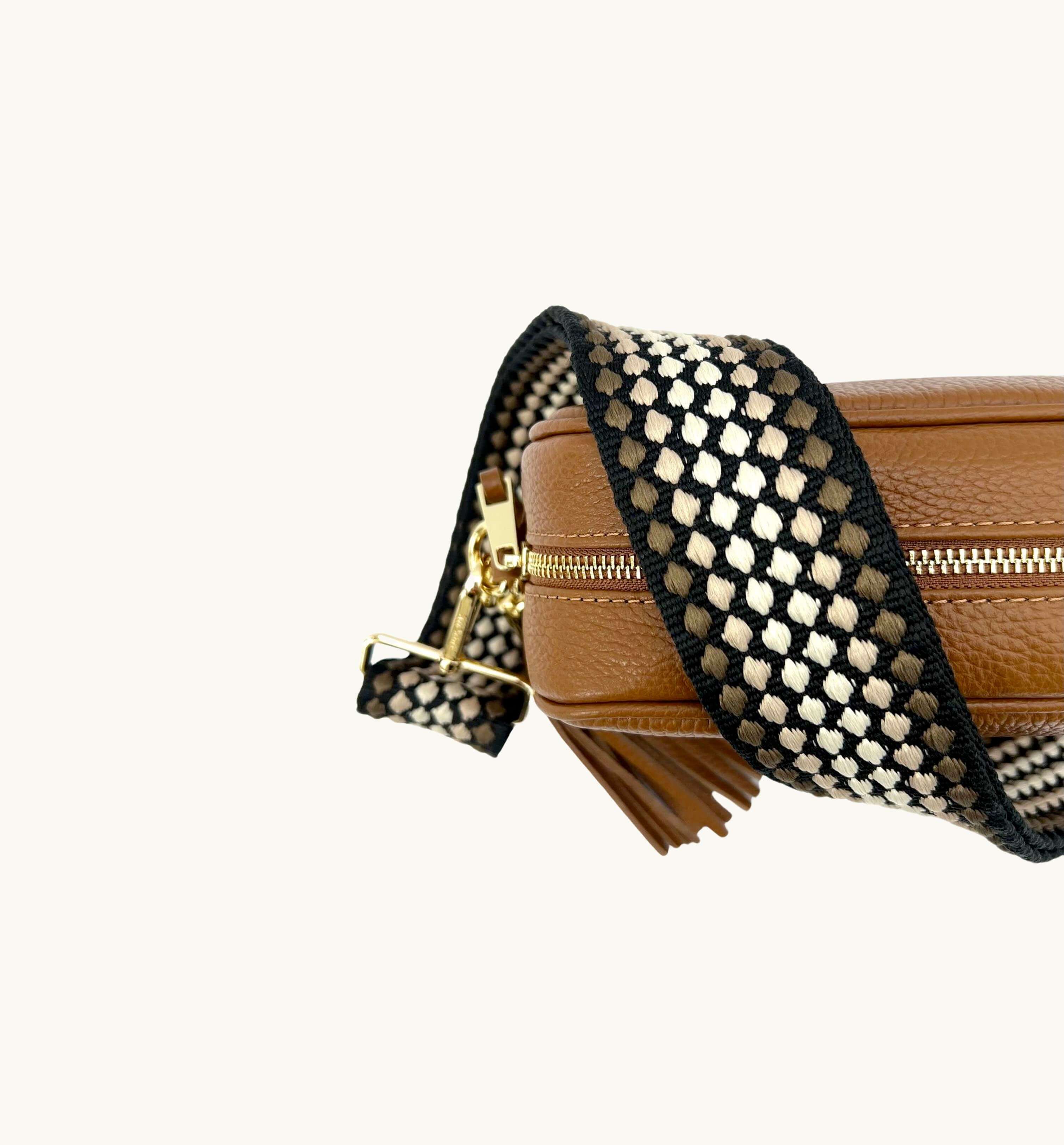 The Tassel Tan Leather Crossbody Bag With Cappuccino Dots Strap