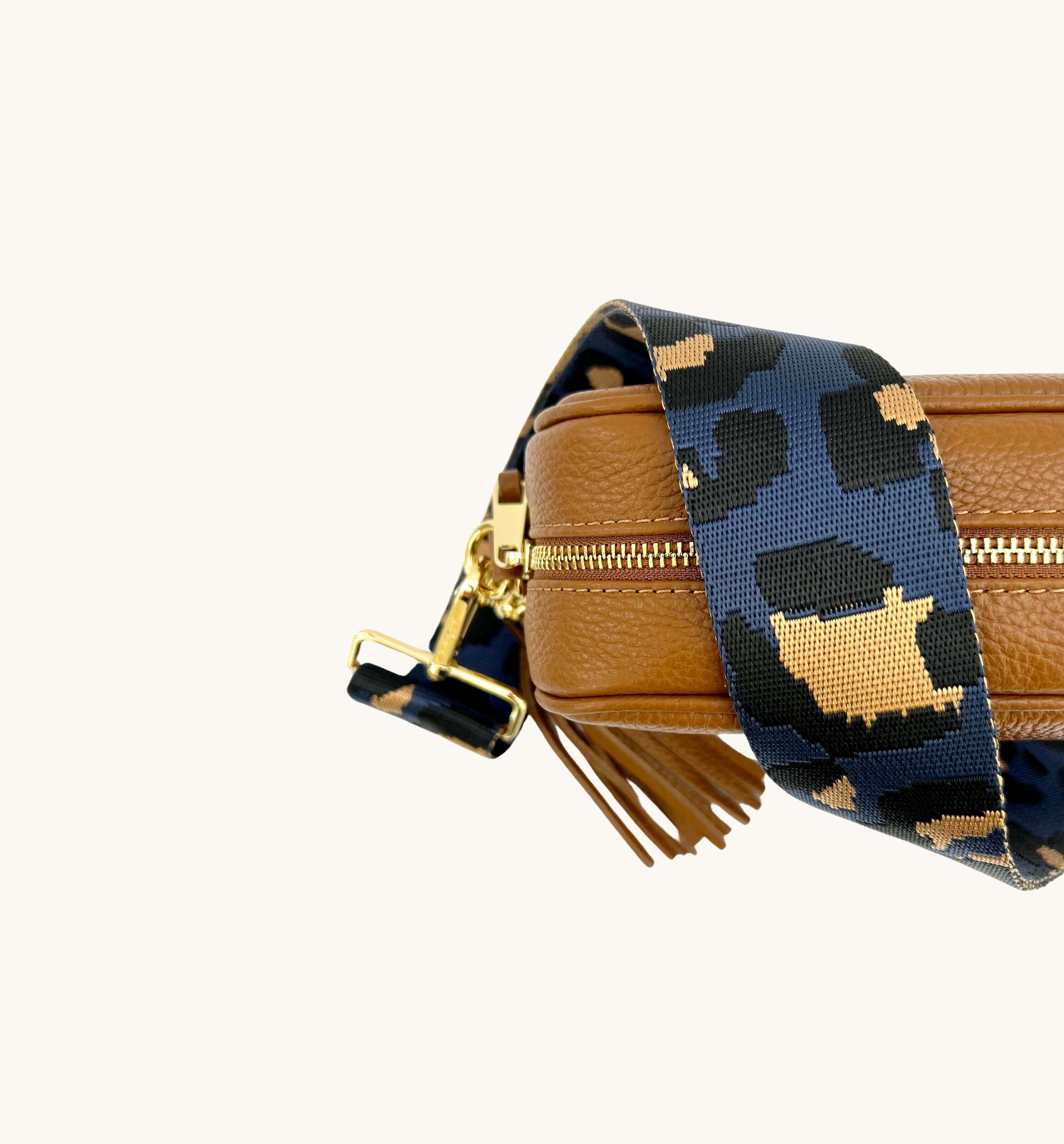 The Tassel Tan Leather Crossbody Bag With Navy Leopard Strap