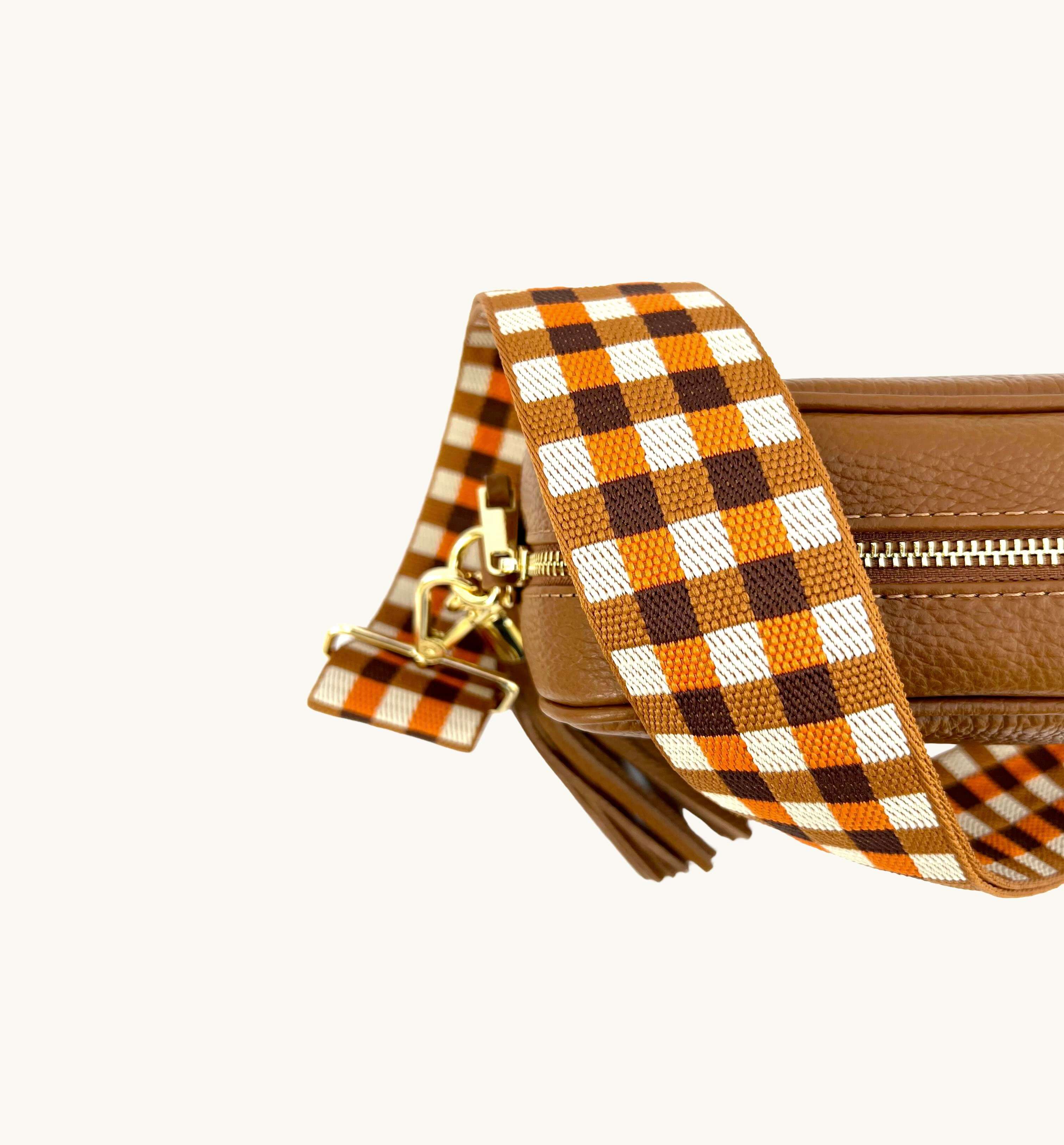 The Tassel Tan Leather Crossbody Bag With Orange & Tan Check Strap