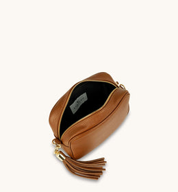 Tan Leather Crossbody Bag With Orange & Tan Check Strap
