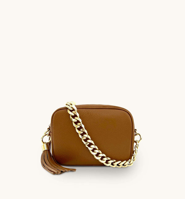 Apatchy Tan Leather Crossbody Bag With Gold Chain Strap