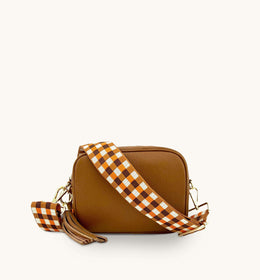 Apatchy Tan Leather Crossbody Bag With Orange & Tan Checks Strap