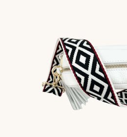 White Leather Crossbody Bag With Black & Red Aztec Strap