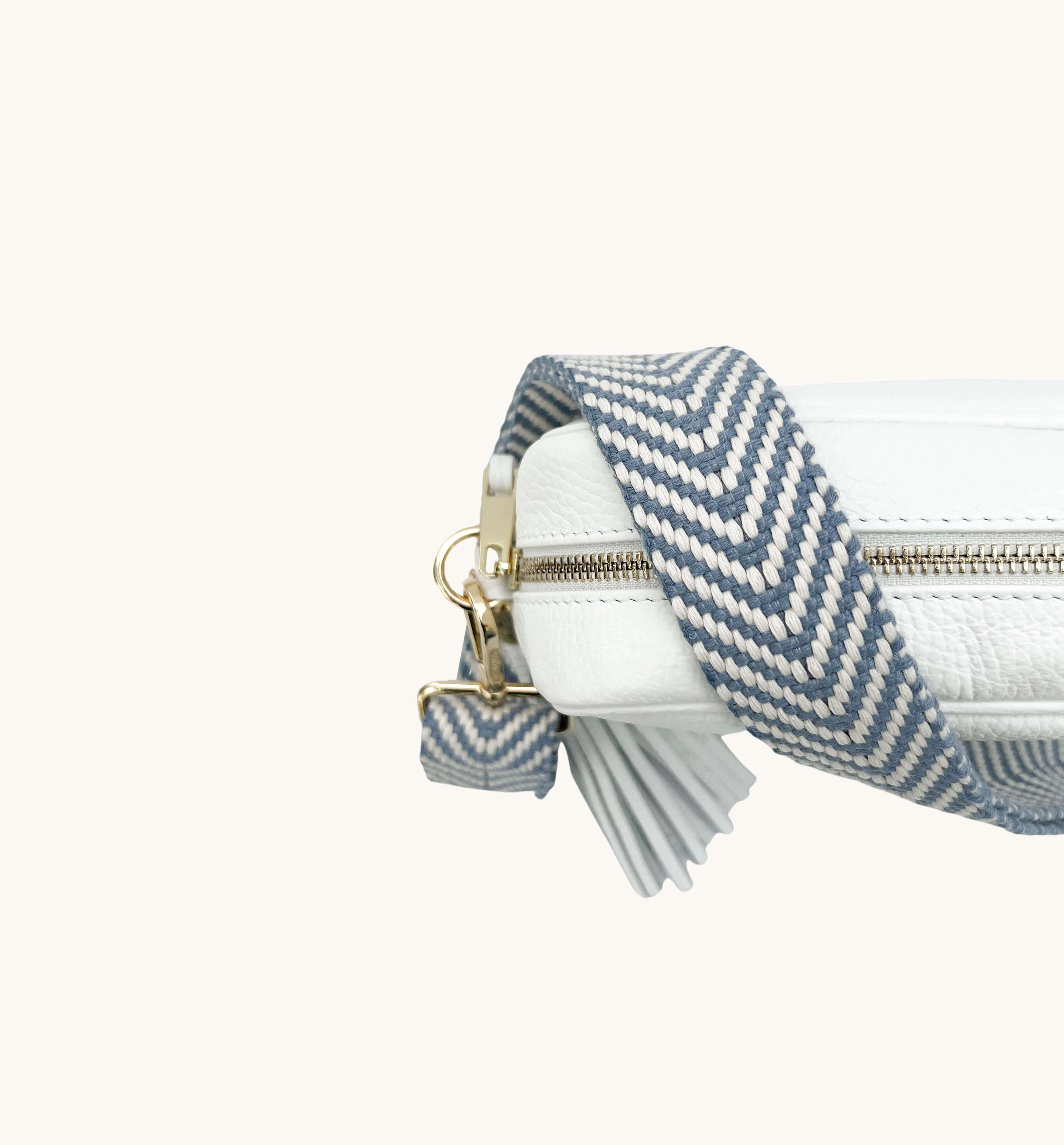 The Tassel White Leather Crossbody Bag With Denim Blue Chevron Strap