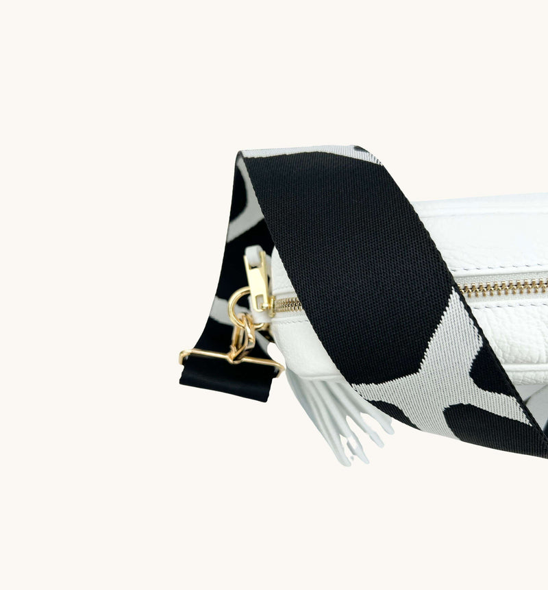 White Leather Crossbody Bag With Black & White Giraffe Strap