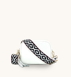 White Leather Crossbody Bag With Black & Red Aztec Strap