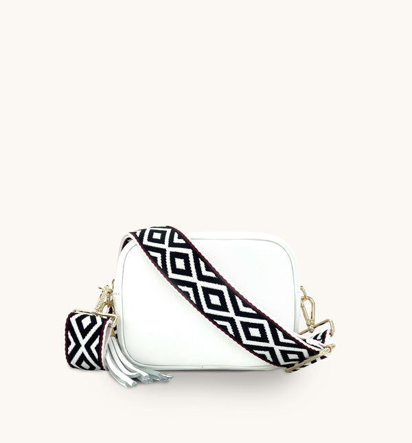 Apatchy White Leather Crossbody Bag With Black & Red Aztec Strap