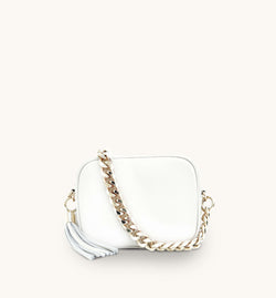 White Leather Crossbody Bag With Gold Chain Strap