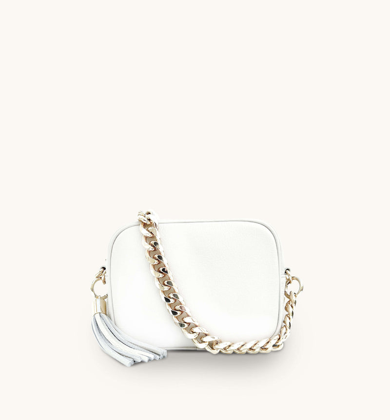 Apatchy White Leather Crossbody Bag With Gold Chain Strap
