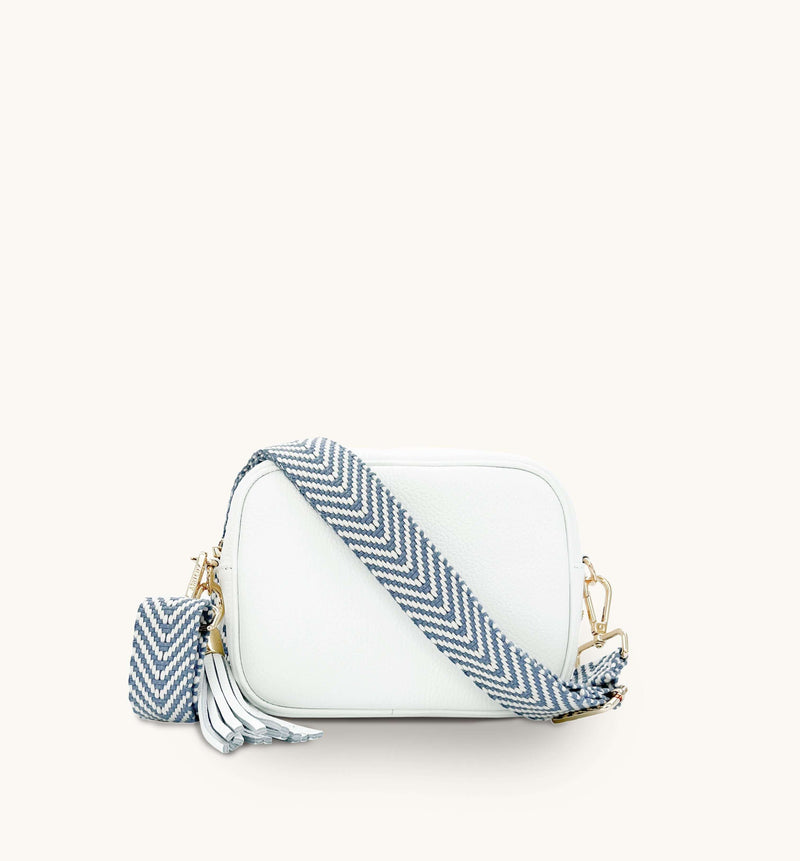Apatchy White Leather Crossbody Bag With Denim Blue Chevron Strap