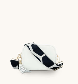 The Tassel White Leather Crossbody Bag With Black & White Giraffe Strap