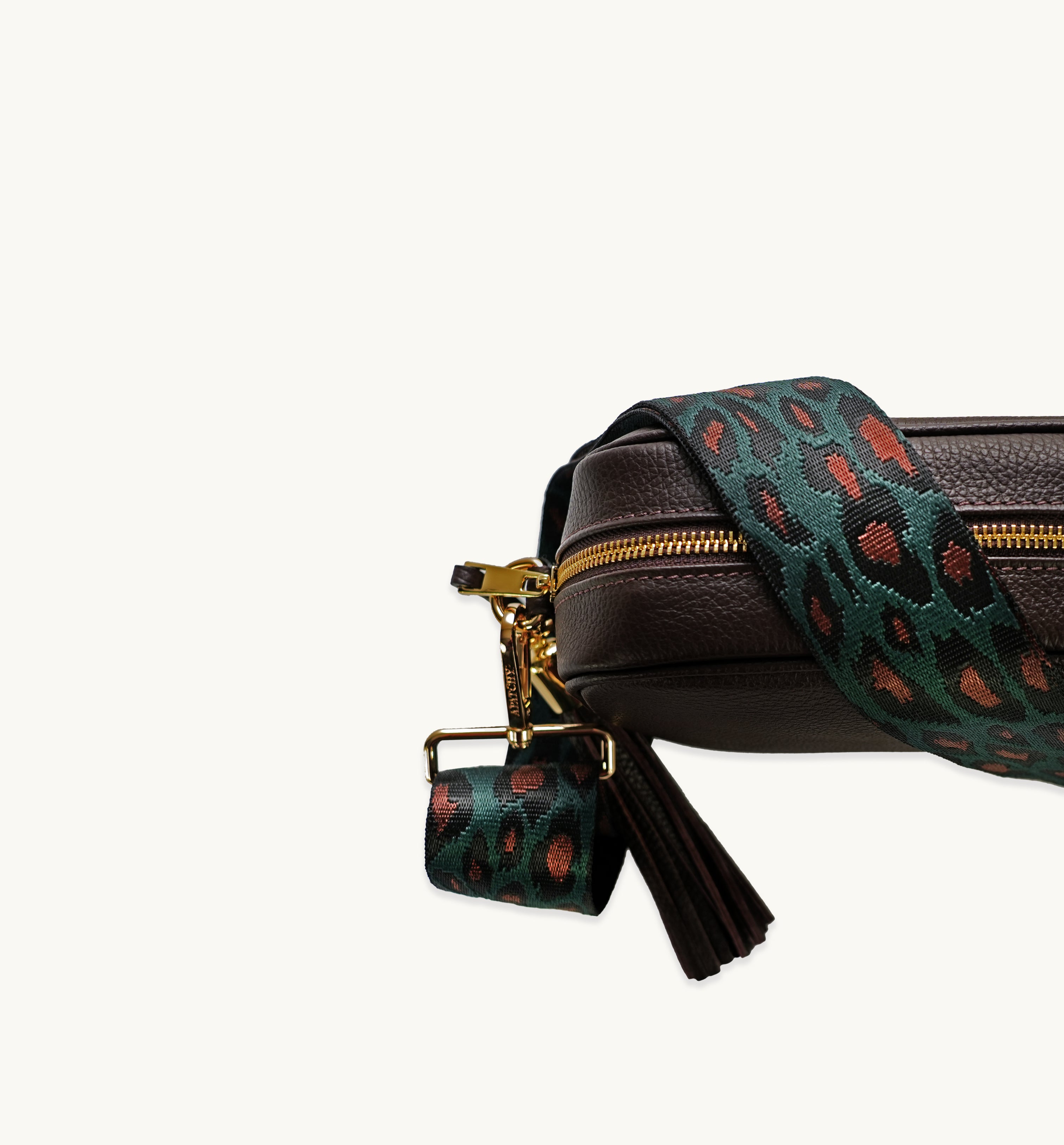 The Tassel Chocolate Leather Crossbody Bag With Teal Cheetah Strap