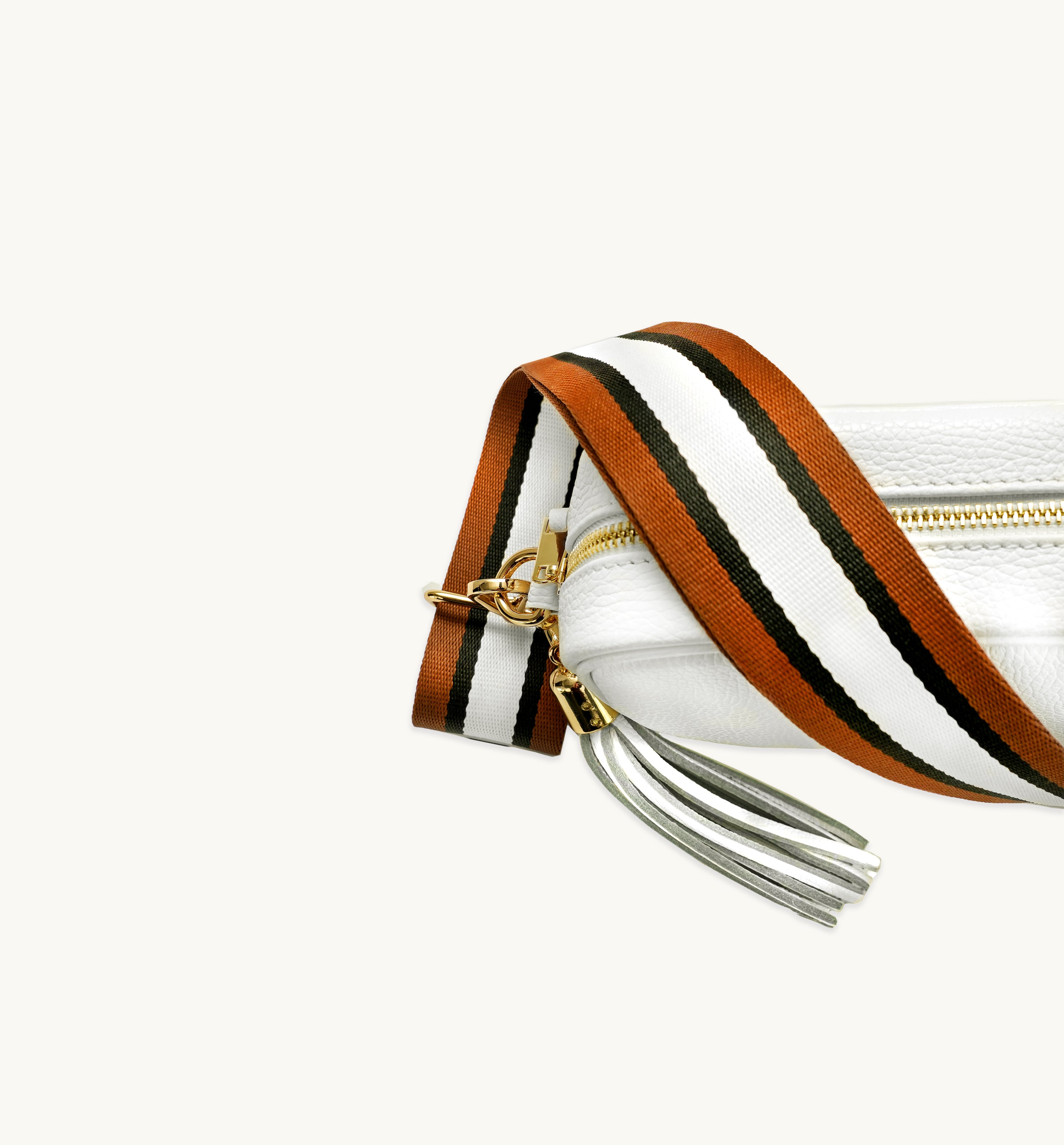 The Tassel White Leather Crossbody Bag With Tan Stripe Strap