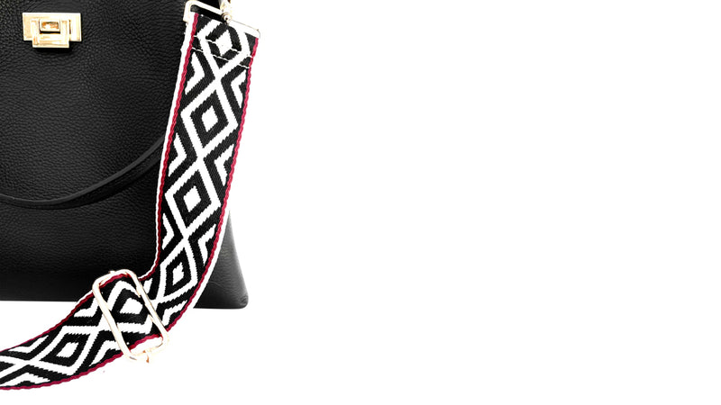 Black Leather Tote Bag With Black & Red Aztec Strap